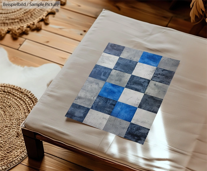 Blue and white checkered paper on a beige pillow, wooden floor and woven mats nearby.