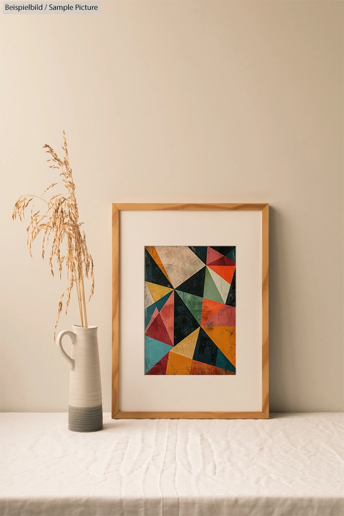 Framed geometric art print with colorful triangles, next to a vase with dried grasses on a white-clothed table.