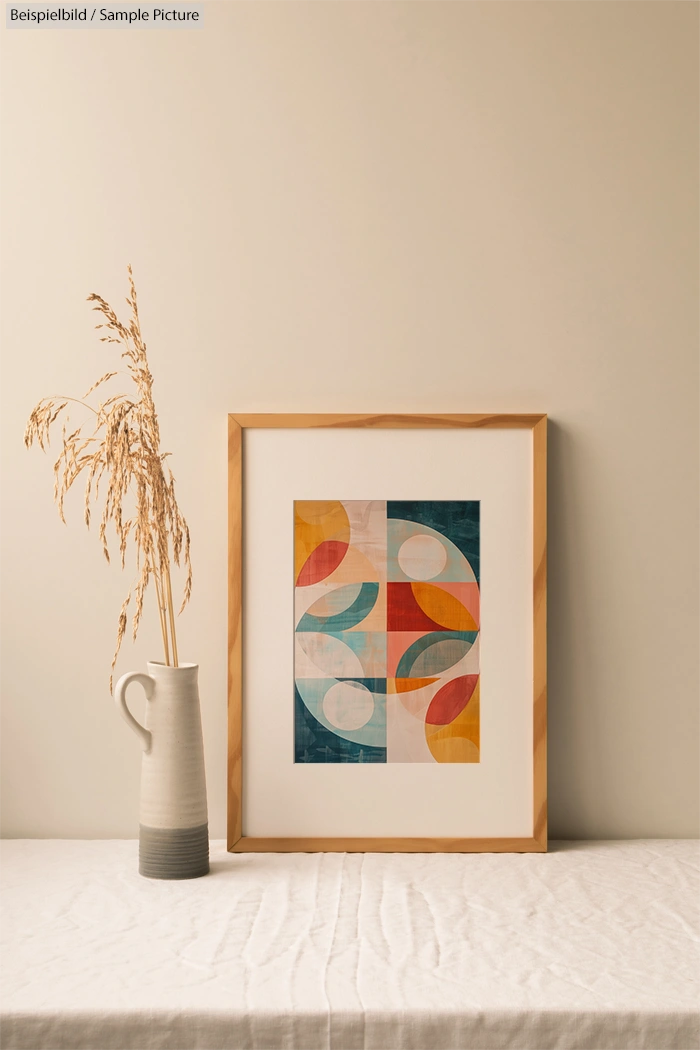 Framed abstract art with colorful geometric shapes on a table beside a ceramic vase with dried plants.