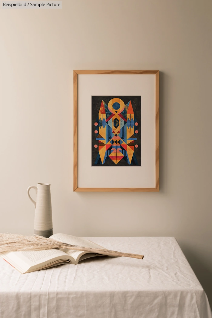 Geometric abstract art framed on beige wall above a white fabric-covered table with a vase and open book.