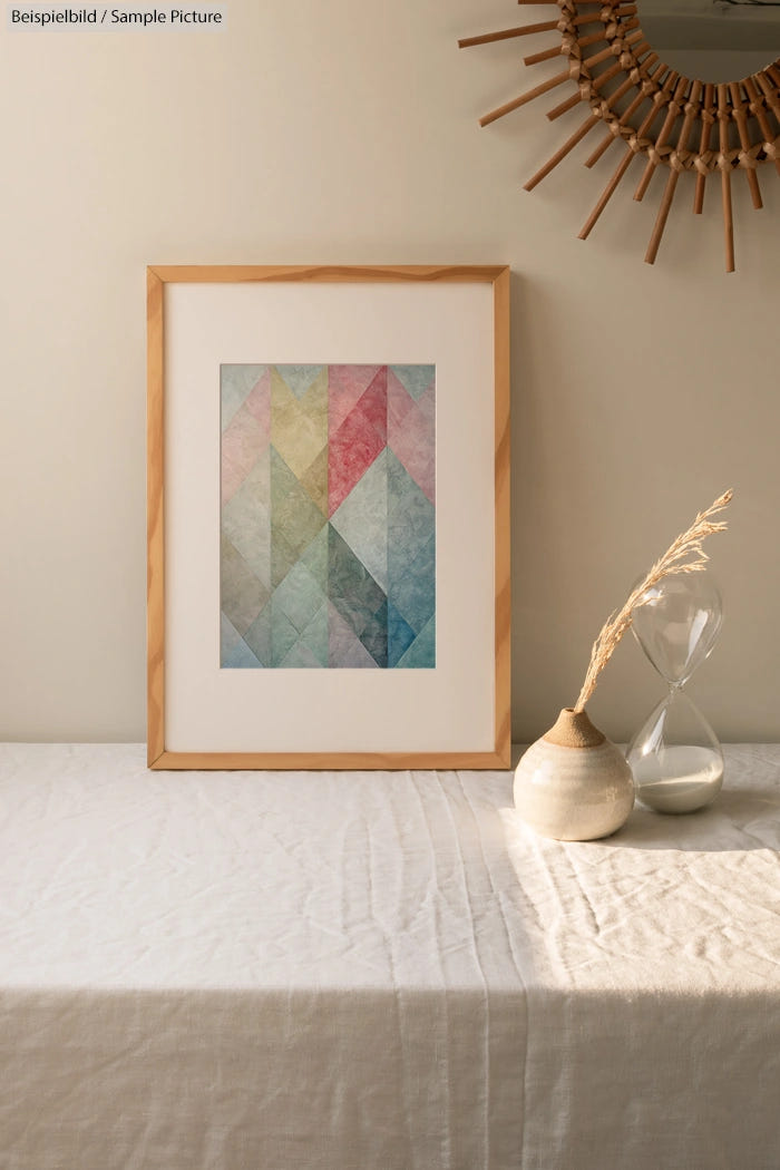 Framed geometric watercolor painting on a table with a ceramic vase and hourglass, sunlight casting shadows.