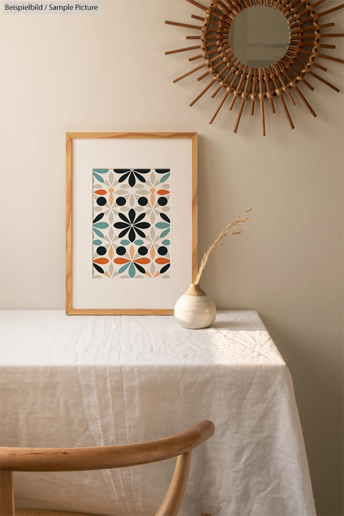 Framed geometric art print on a table with a vase, beneath a round, wooden sunburst mirror on a beige wall.