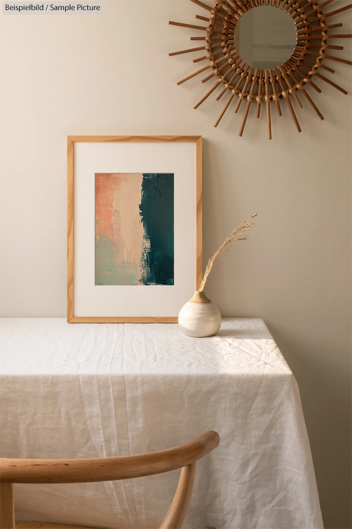 Minimalist room with abstract painting, wooden mirror, and ceramic vase on a linen-covered table.