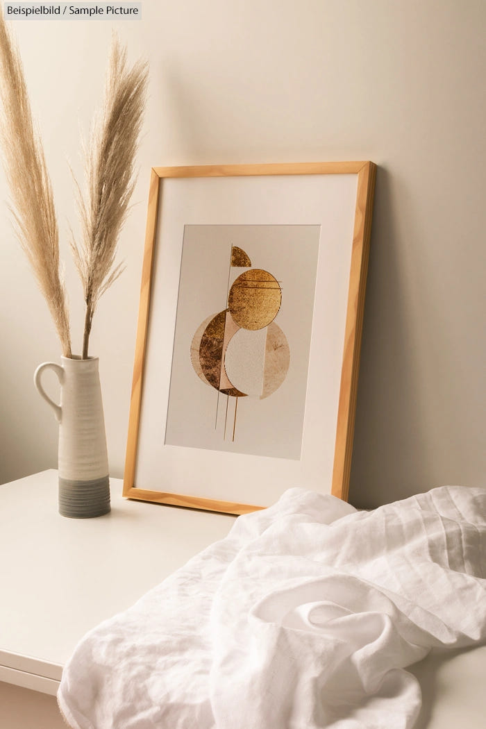 Framed abstract art with geometric shapes on a white table beside a vase with dried tall grass.