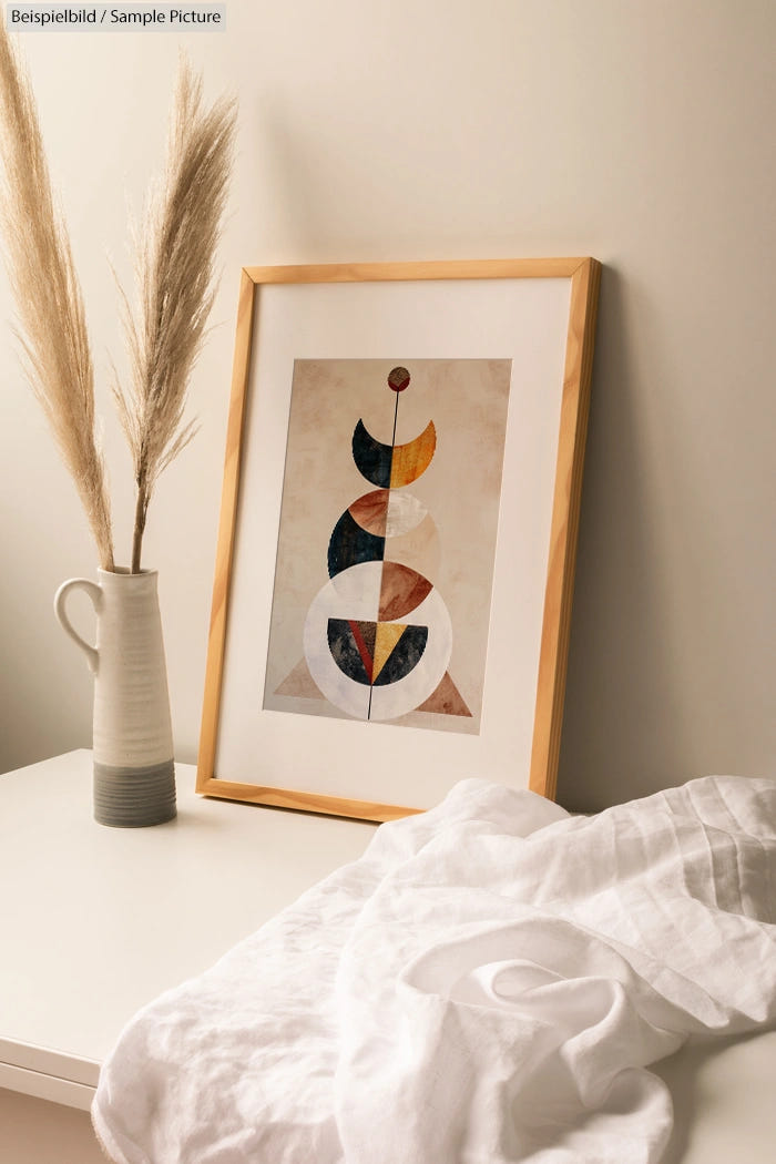 Framed abstract painting on table with pampas grass in vase and white fabric.