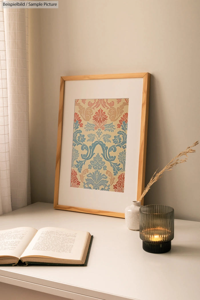 Framed botanical artwork on desk with open book, candle, and vase.