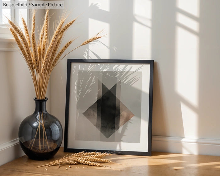 Framed geometric art on wooden floor with sunlight and wheat stalks in a vase, next to a corner wall.