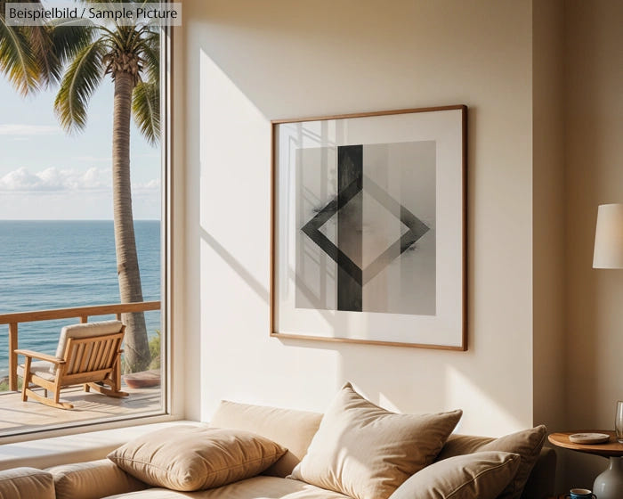 Cozy living room with abstract artwork, beige sofa, and ocean view through large window with palm tree outside.