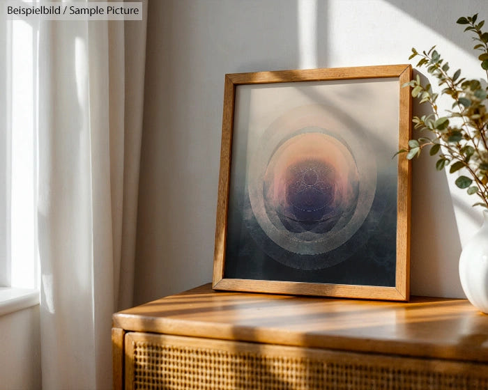 Framed abstract artwork with concentric circles on a wooden dresser near a sunlit window and plant.