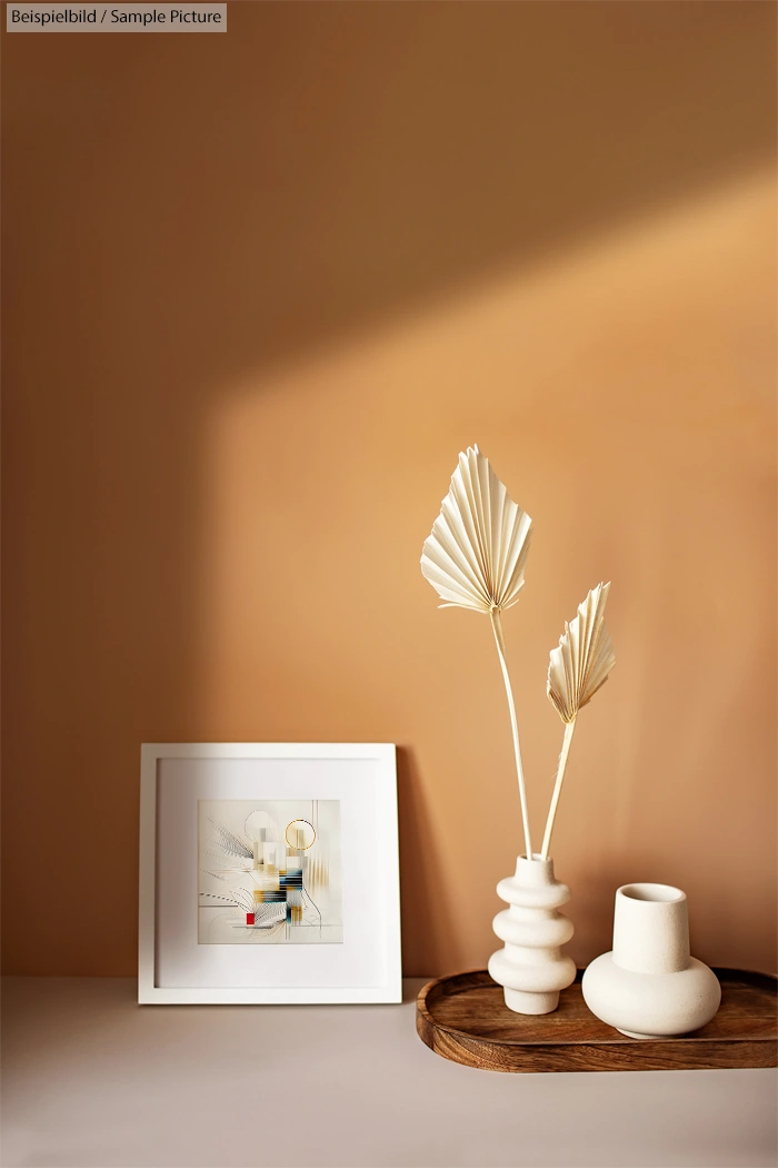 Minimalist decor with vases, dried palm leaves, and framed art on a wooden tray against a warm brown wall.