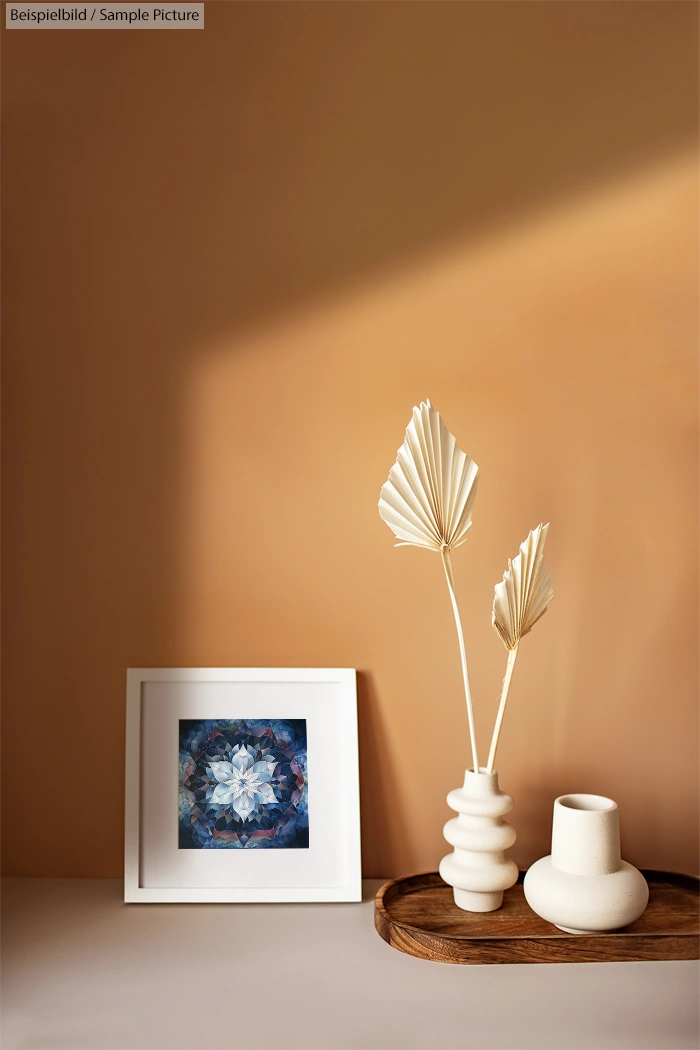 Minimalist decor with framed abstract art, dried leaves in vases, and wooden tray against a soft brown wall.