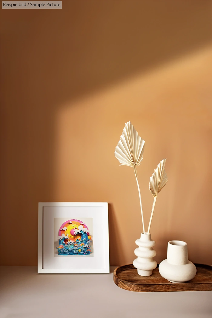 Minimalist room with decorative vases, palm leaves, and a colorful framed picture on a wooden tray against a brown wall.