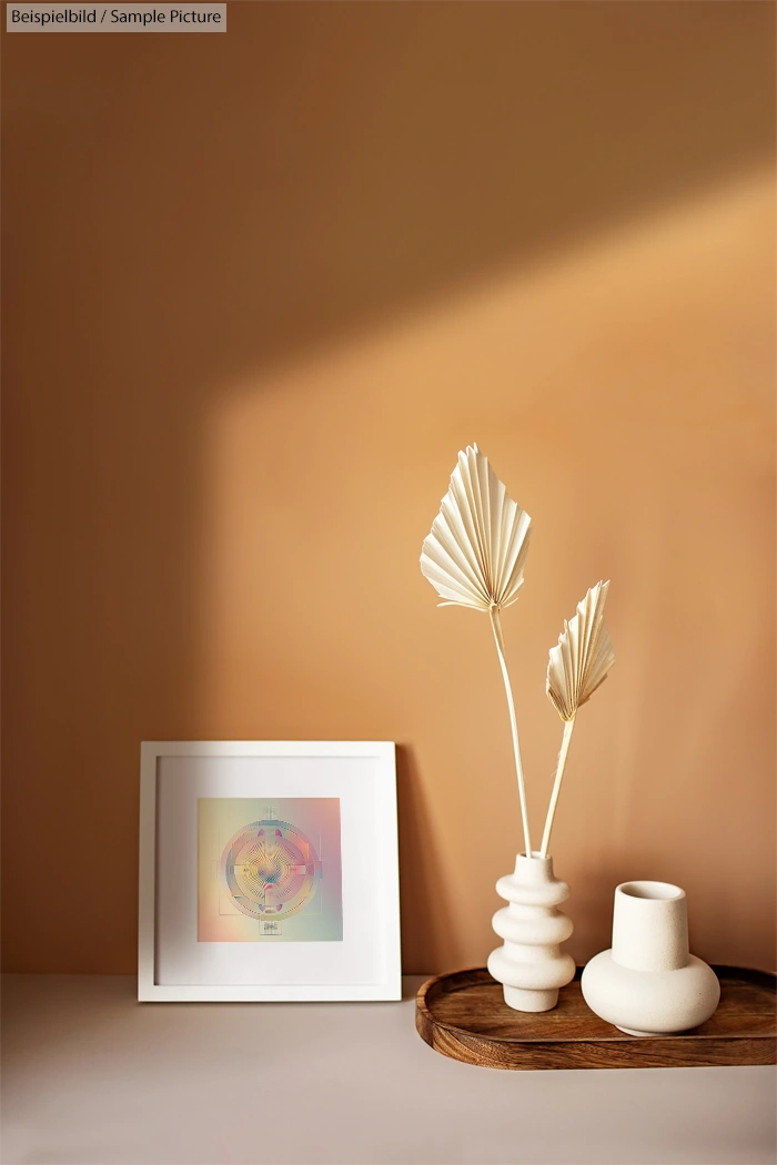 Minimalist decor with framed art, dried leaves in sculptural vase, on wooden tray against warm beige wall.