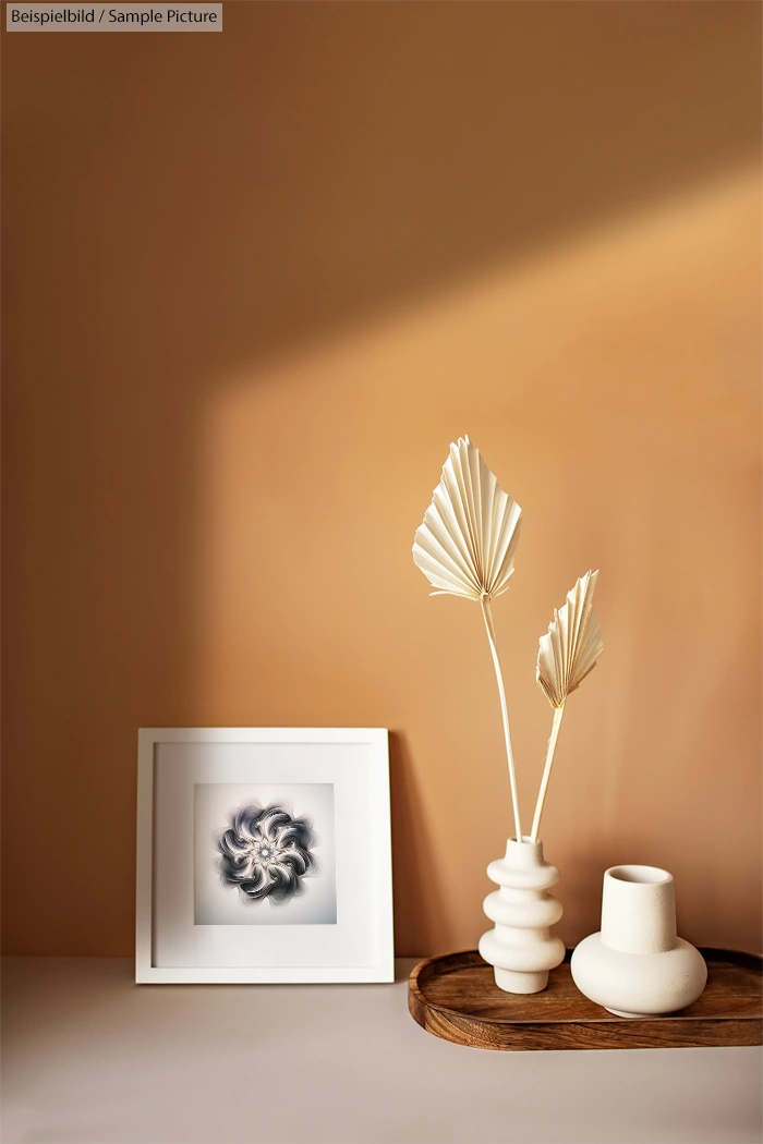 Minimalistic decor with white vases and framed abstract art on a wooden tray against a warm beige wall.