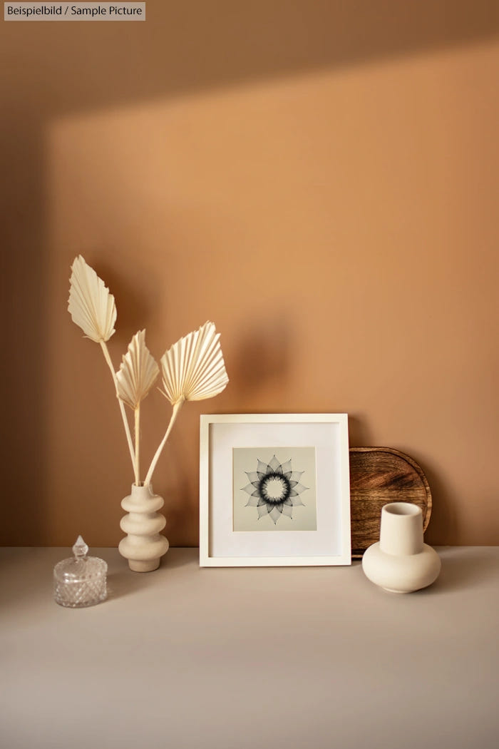 Minimalist decor with framed geometric art, ceramic vases, and dried leaves on a beige background.