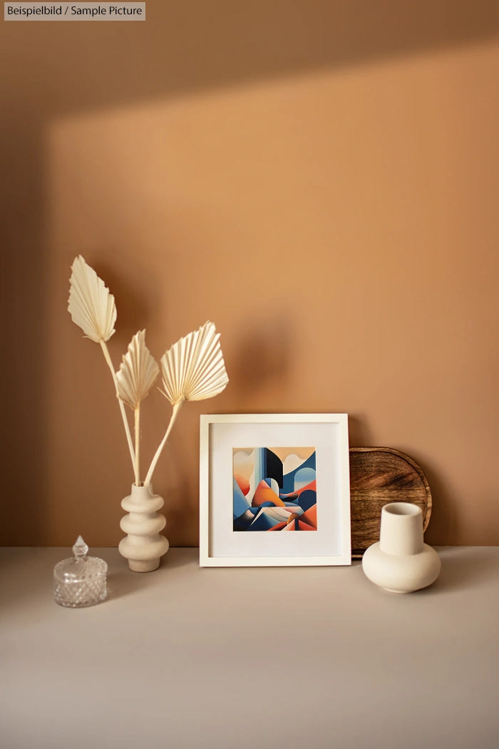 Minimalist decor with framed abstract art, white ceramic vase with dry leaves, and glass jar on beige background.