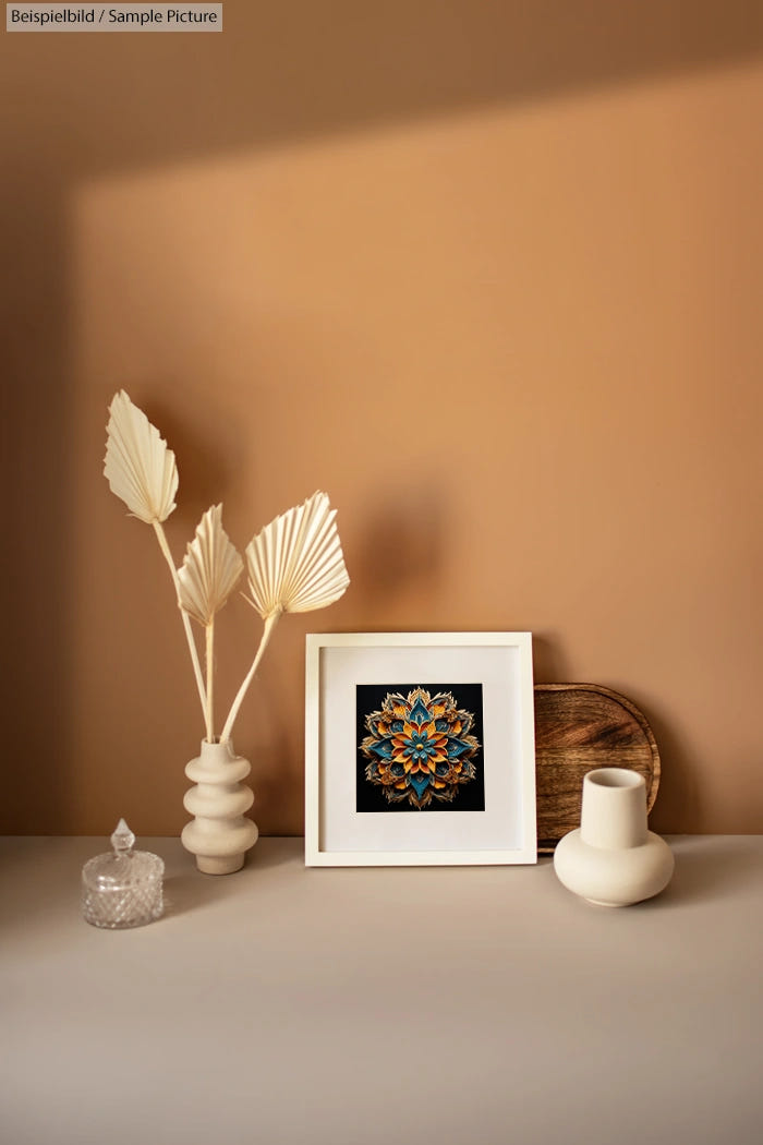 Decorative tabletop with dry leaves in vase, framed floral artwork, and ceramic items on beige background.