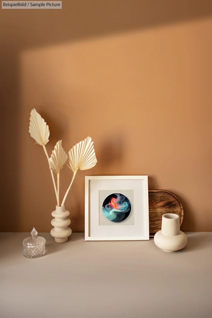 Minimalist decor with abstract art, white vases, dried leaves, and glass jar on a wooden shelf against beige wall.