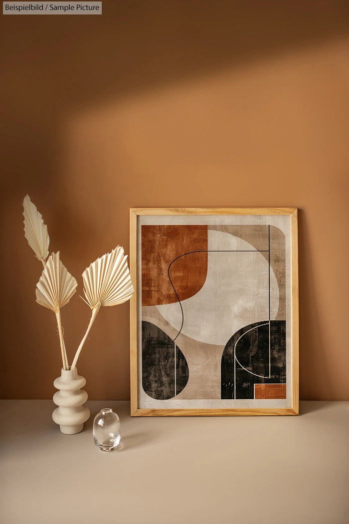 Minimalist still life with abstract framed art and decorative vase on a warm brown background.