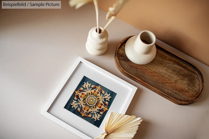 Decorative table setting with framed mandala art, ceramic vases, wooden tray, and an open book on a white surface.