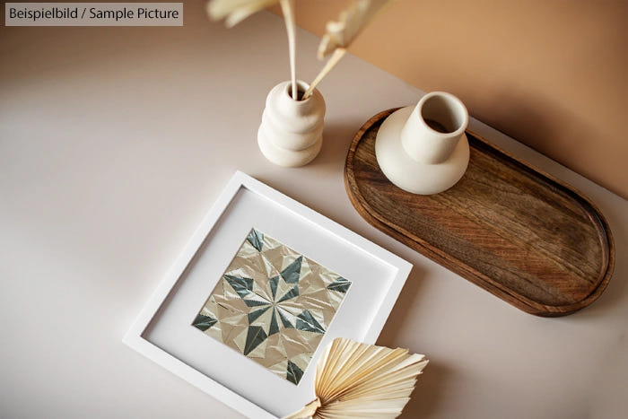 Modern minimalist decor with geometric art, white ceramic vases, and a wooden tray on a beige tabletop.