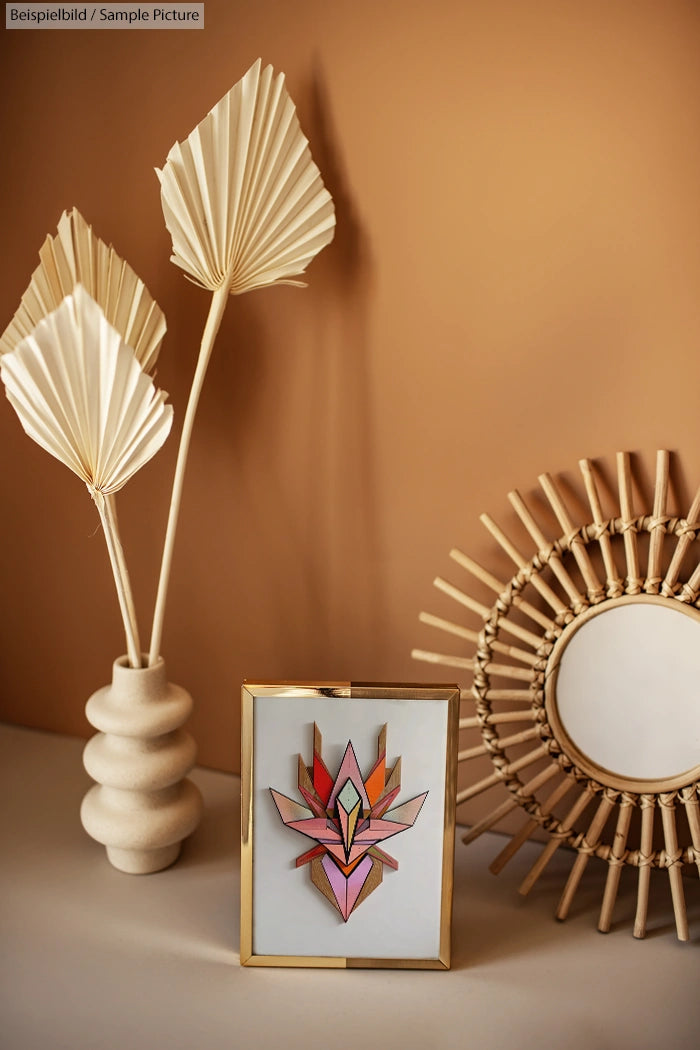 Decorative paper flowers, framed origami art, and rattan mirror on a shelf against a beige background.