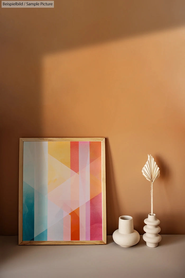 Framed abstract art on a shelf next to minimalist white vases against a warm beige wall.