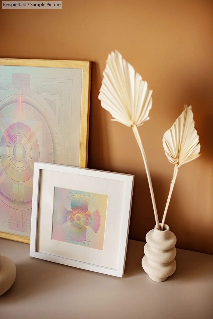 Framed abstract art and textured vase with dry leaves on a wooden shelf against a beige wall.