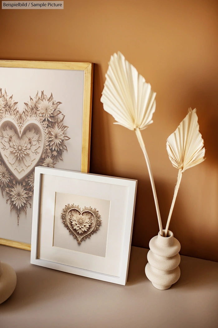 Decorative heart artwork and framed prints on table with sculpted vase and dried leaves.