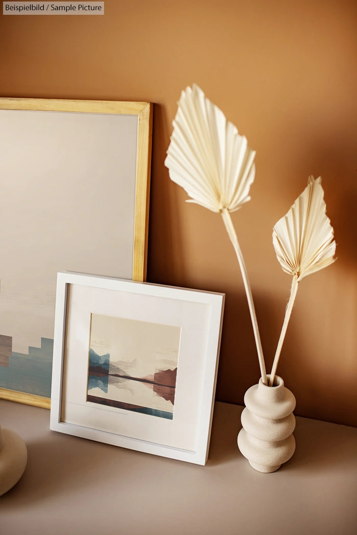 Minimalist decor with framed abstract art and dried palm leaves in a white vase on a neutral-toned table.