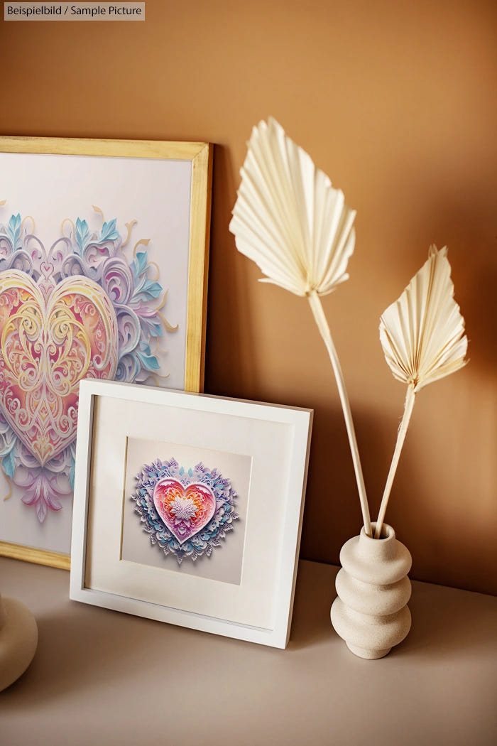 Two framed heart illustrations with delicate designs beside a vase of dried palm leaves on a light brown shelf.