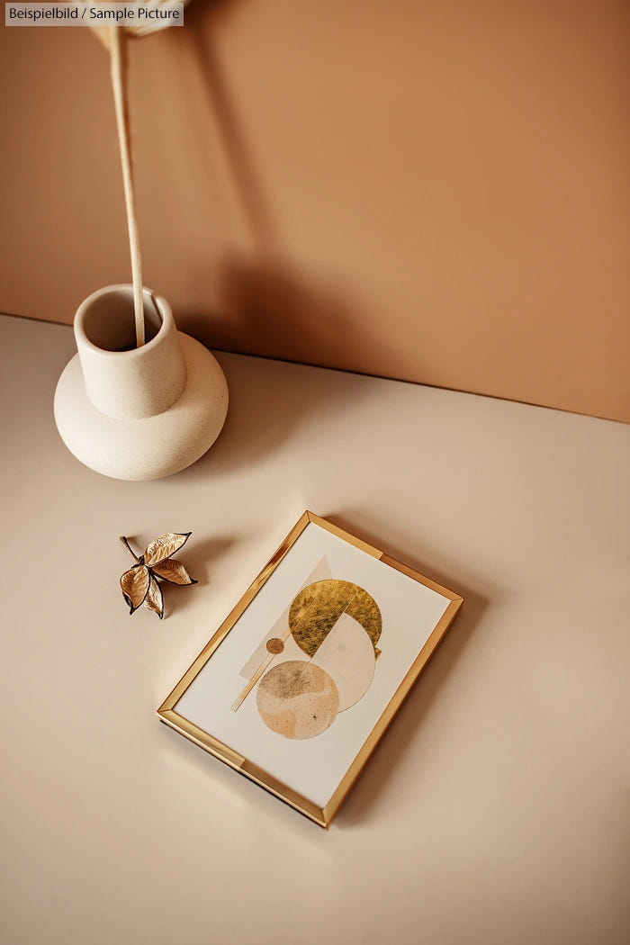 Minimalist geometric art print on beige table with white vase and metal leaf decor.