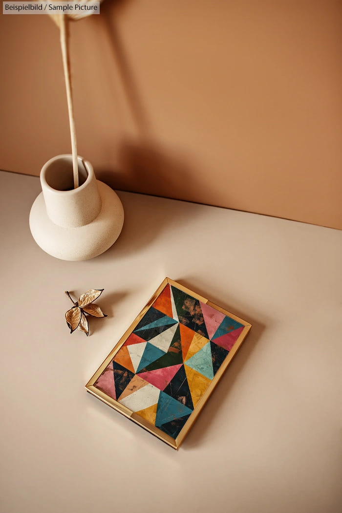 Geometric patterned diary on beige table beside white vase and metal leaf decor.