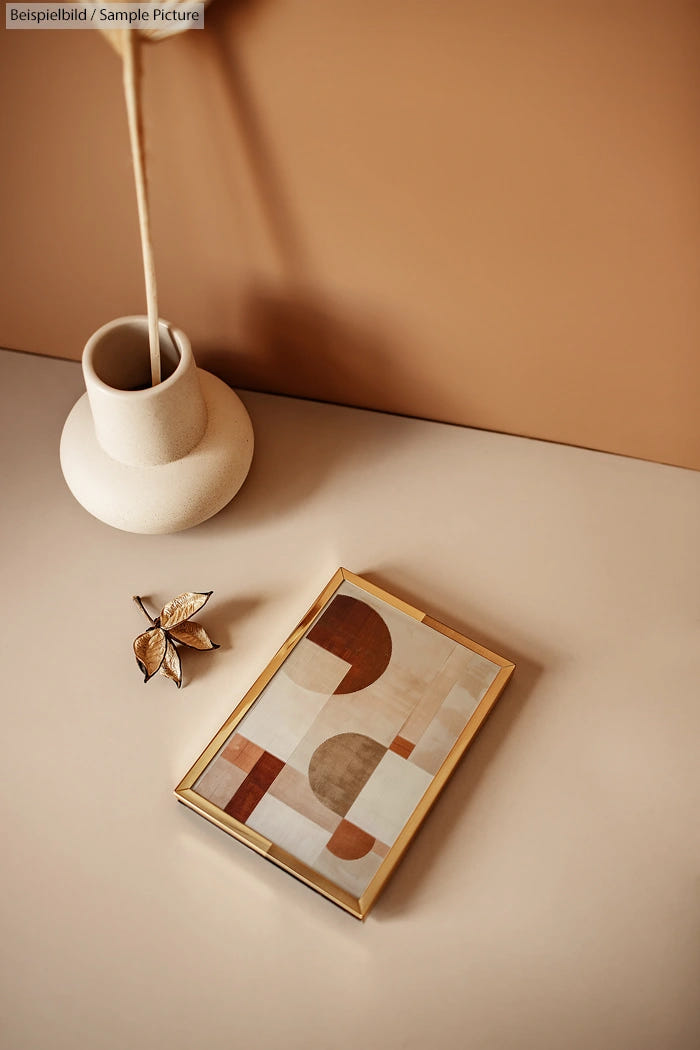 Geometric abstract art in a gold frame beside a beige vase and a metal leaf decoration on a neutral-toned surface.