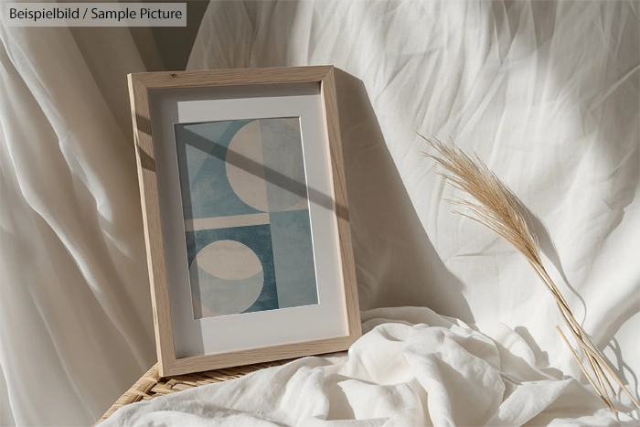 Framed abstract art with geometric shapes on a white fabric backdrop, lit by sunlight.