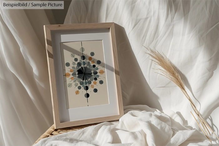 Framed abstract art with geometric shapes, leaning on a woven surface, against a white curtain backdrop.