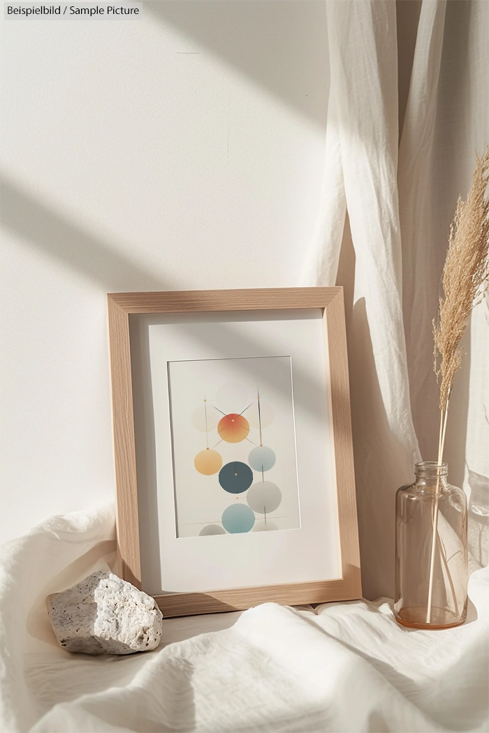 Framed abstract art with colorful circles next to a rock and glass vase in soft natural light.