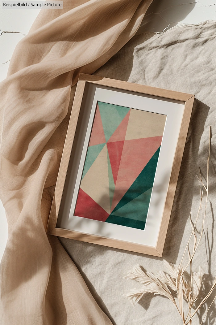 Framed geometric abstract artwork with pink, green, and beige triangles, surrounded by light fabric and dried flowers.