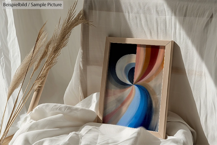 Framed abstract artwork with swirling blue, beige, and orange shapes, set on white fabric with dried grasses.