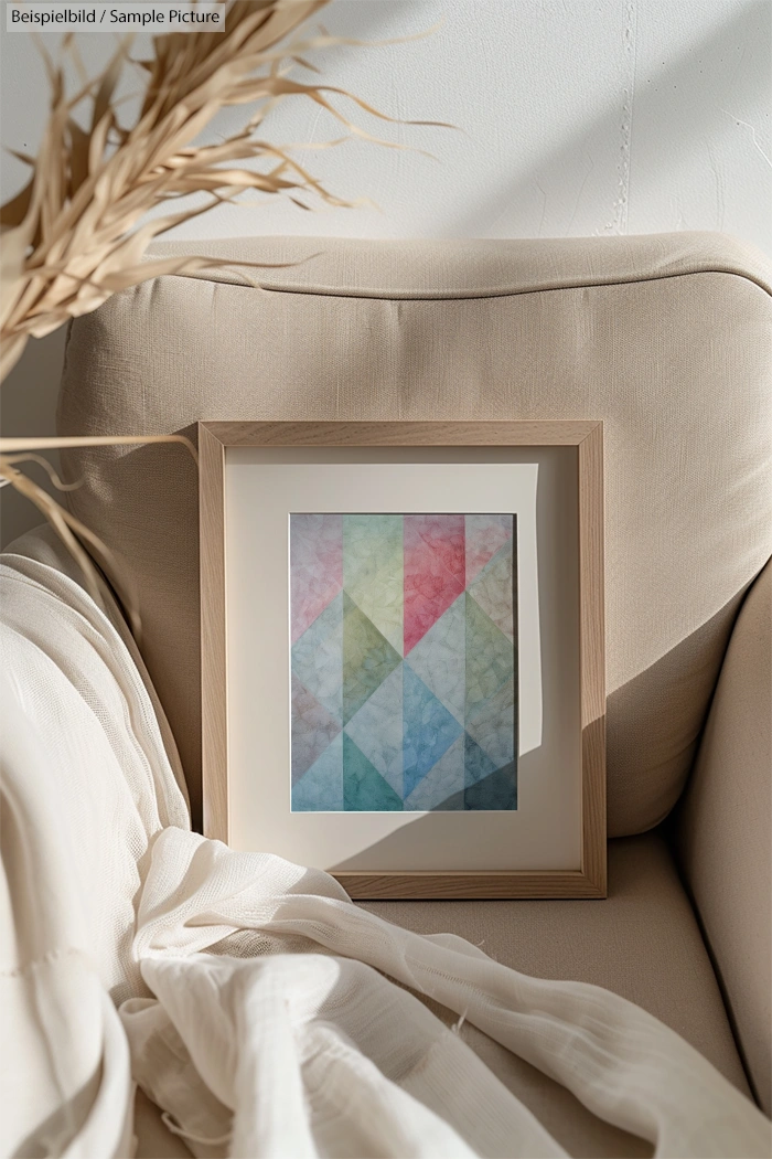 Framed abstract geometric art with pastel colors on a beige chair, draped with a white fabric.