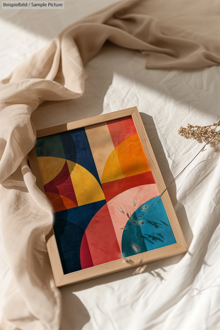 Framed abstract art on a bed, featuring colorful geometric shapes with a beige fabric backdrop.