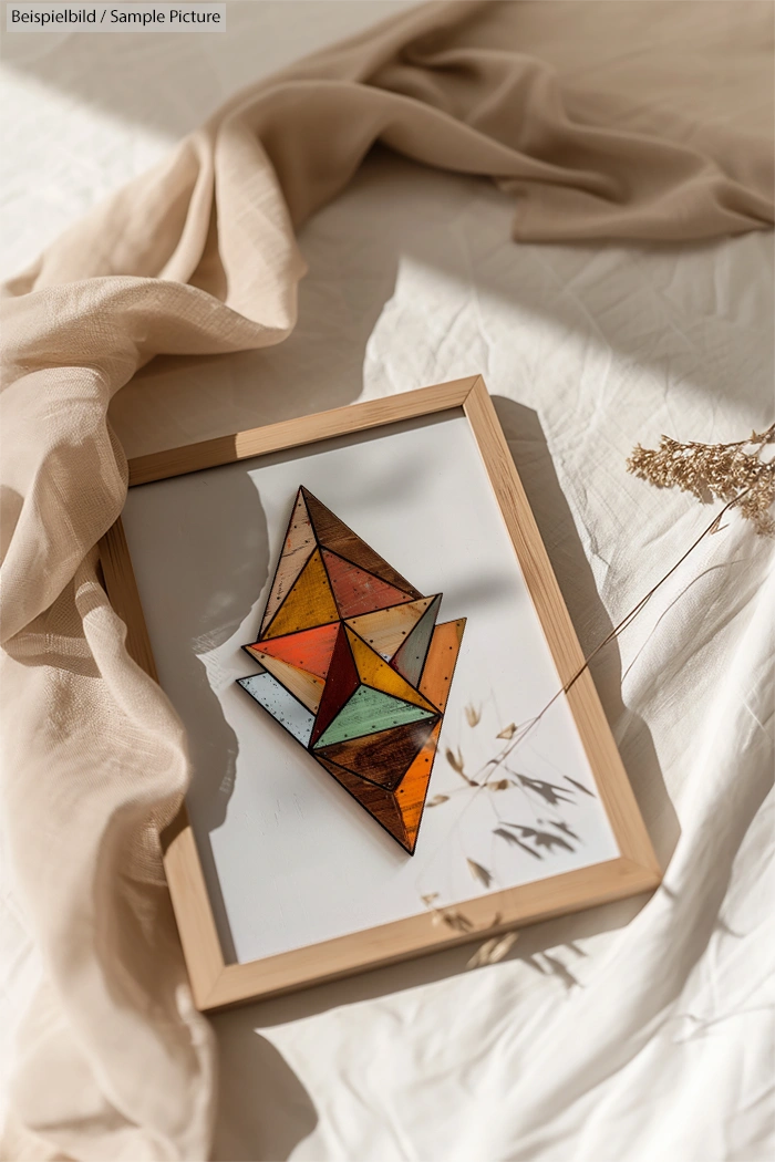 Framed geometric stained glass art with overlapping triangles on a beige draped fabric background.