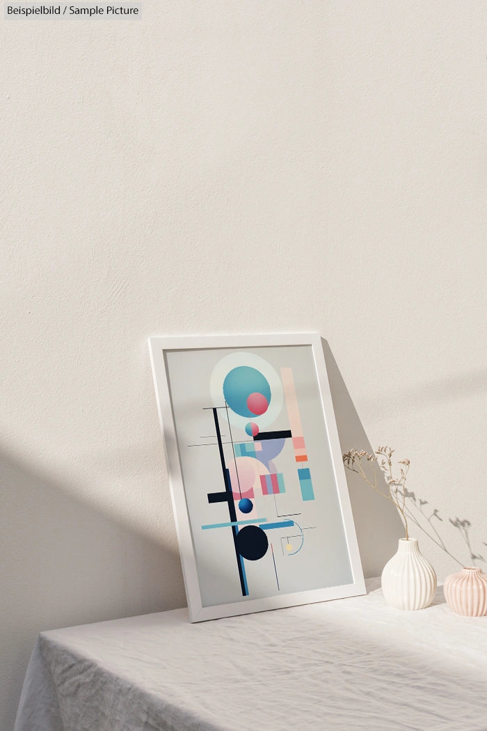 Minimalist abstract art print in white frame on table with soft lighting and neutral decor.