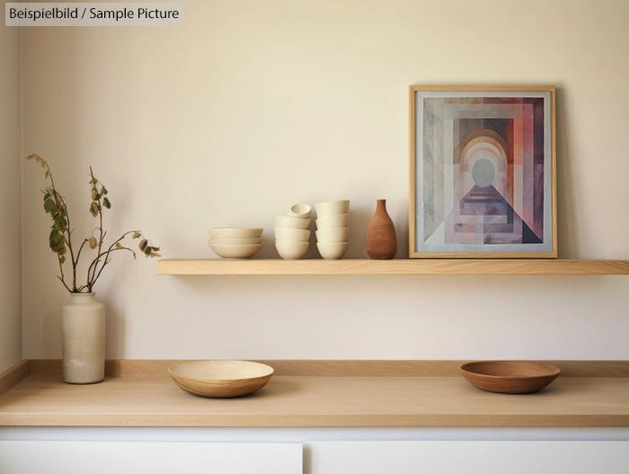 Minimalist kitchen with wooden bowls, ceramic vases on shelves, and geometric artwork on the wall.