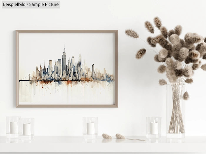 Minimalist living room with cityscape painting and pampas grass in a vase on a white shelf.