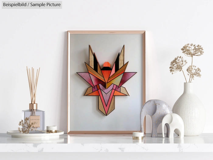 Decorative geometric wall art in a frame on a minimalist white shelf with vases and diffuser.