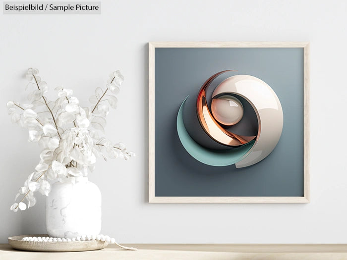 Modern abstract wall art with metallic circular design, beside a vase with white flowers on light-colored table.