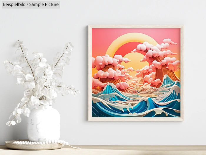 Framed abstract artwork with colorful surreal waves and clouds on a wall, next to a vase of white flowers.