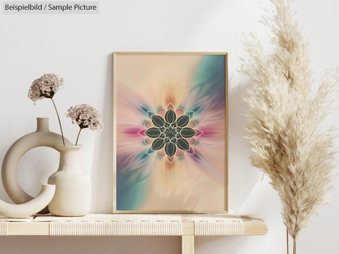 Abstract floral artwork in a frame on a shelf with vases and dried flowers, featuring colorful petals and a geometric center.