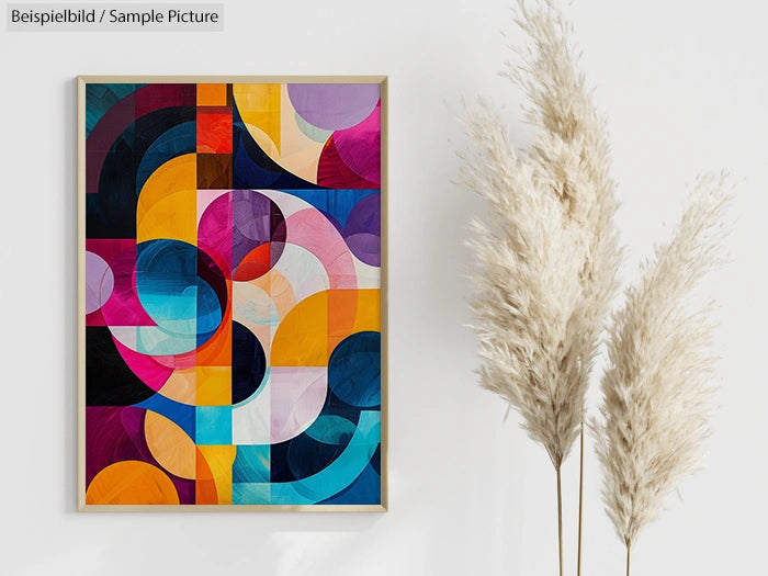 Framed abstract art with colorful geometric shapes beside pampas grass on a white wall.